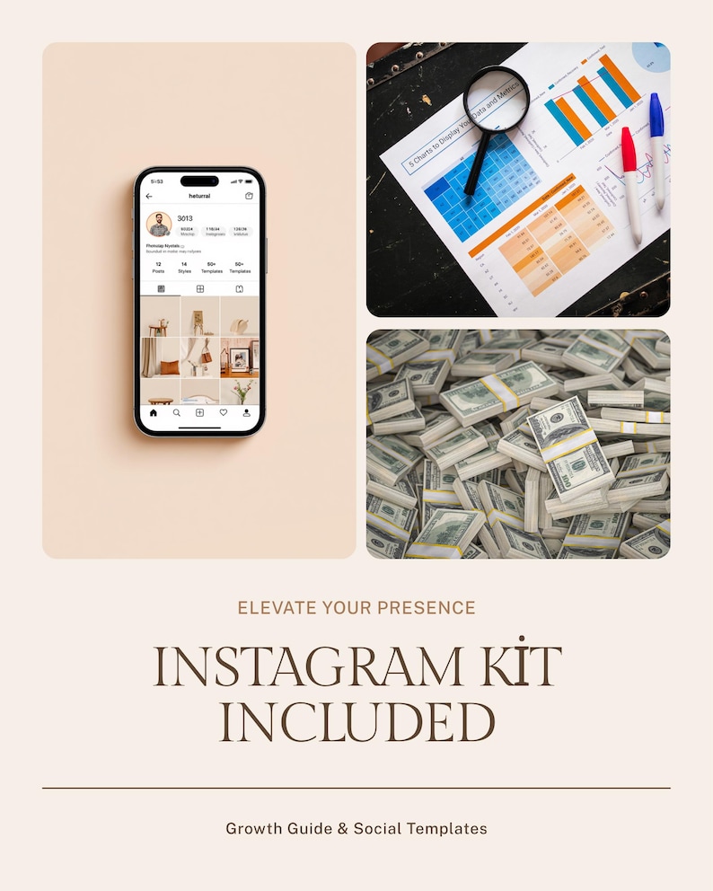 K&ouml;nnte beinhalten: Ein digitales Marketing-Kit mit einem Smartphone, das ein Instagram-Profil anzeigt, einer Lupe &uuml;ber einem farbigen Datendiagramm und einem gro&szlig;en Stapel US-Dollar-Scheine. Der Text lautet: ELEVATE YOUR PRESENCE INSTAGRAM KIT INCLUDED Growth Guide & Social Templates.