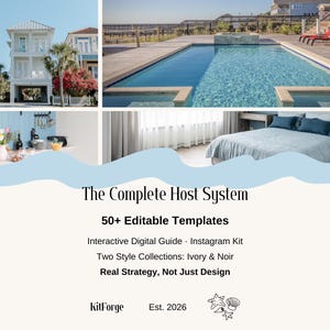 K&ouml;nnte beinhalten: Ein digitales Produkt mit dem Titel The Complete Host System, das 50+ bearbeitbare Vorlagen, einen interaktiven digitalen Leitfaden und ein Instagram-Kit enth&auml;lt. Das Design zeigt Bilder eines Strandhauses, eines Pools, einer K&uuml;che und eines Schlafzimmers.