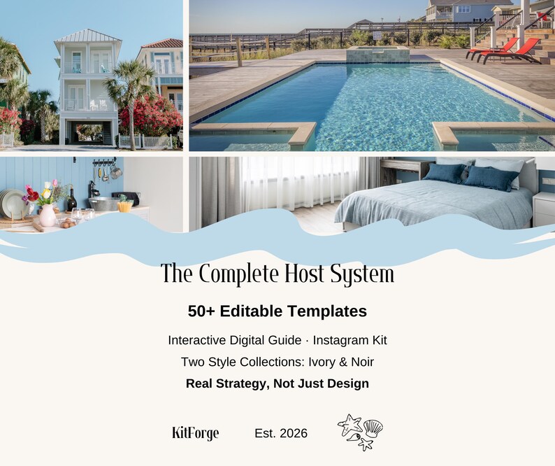K&ouml;nnte beinhalten: Ein digitales Produkt mit dem Titel The Complete Host System, das 50+ bearbeitbare Vorlagen, einen interaktiven digitalen Leitfaden und ein Instagram-Kit enth&auml;lt. Das Design zeigt Bilder eines Strandhauses, eines Pools, einer K&uuml;che und eines Schlafzimmers.