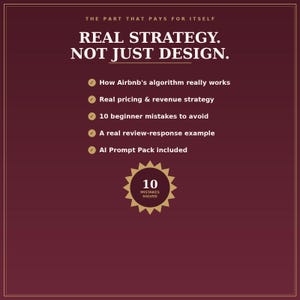 K&ouml;nnte beinhalten: Eine dunkelrote Infografik mit wei&szlig;em Text: THE PART THAT PAYS FOR ITSELF, REAL STRATEGY. NOT JUST DESIGN. Sie listet f&uuml;nf Punkte zur Airbnb-Strategie auf und enth&auml;lt ein goldenes Sternabzeichen mit der Aufschrift 10 MISTAKES SOLVED.