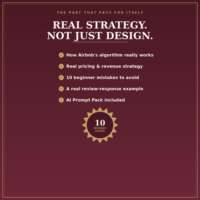 K&ouml;nnte beinhalten: Eine dunkelrote Infografik mit wei&szlig;em Text: THE PART THAT PAYS FOR ITSELF, REAL STRATEGY. NOT JUST DESIGN. Sie listet f&uuml;nf Punkte zur Airbnb-Strategie auf und enth&auml;lt ein goldenes Sternabzeichen mit der Aufschrift 10 MISTAKES SOLVED.