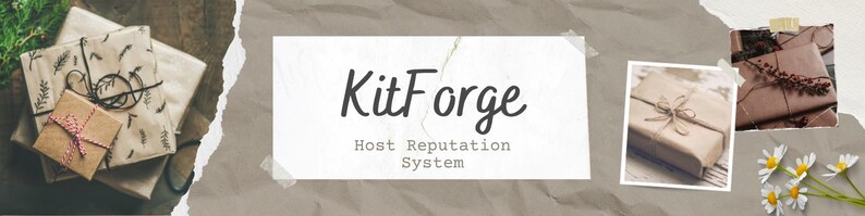 K&ouml;nnte beinhalten: Ein Banner mit dem Text KitForge Host Reputation System in der Mitte, umgeben von verschiedenen in braunes Papier eingewickelten Geschenken, einige mit Schnur oder Kordel gebunden, und einer kleinen Gruppe wei&szlig;er G&auml;nsebl&uuml;mchen unten rechts.