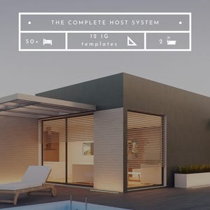K&ouml;nnte beinhalten: Eine digitale Grafik mit dem Text NEW SYSTEM, THE COMPLETE HOST SYSTEM, einem 50+ Betten-Symbol, 12 IG templates, einem Dreieck-Symbol und einem 2 Badezimmer-Symbol. Darunter eine Darstellung eines modernen Hauses mit Pool, Liege und Terrasse.