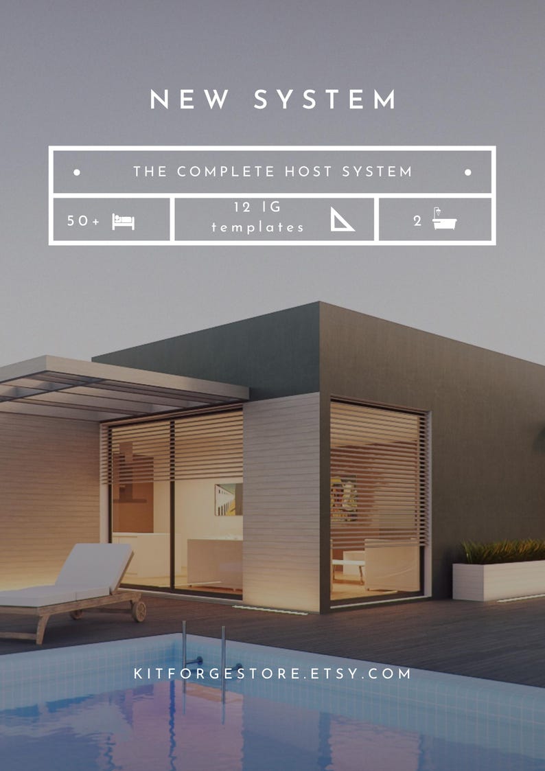 K&ouml;nnte beinhalten: Eine digitale Grafik mit dem Text NEW SYSTEM, THE COMPLETE HOST SYSTEM, einem 50+ Betten-Symbol, 12 IG templates, einem Dreieck-Symbol und einem 2 Badezimmer-Symbol. Darunter eine Darstellung eines modernen Hauses mit Pool, Liege und Terrasse.