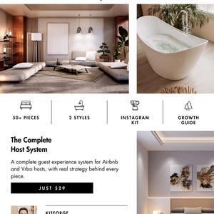 K&ouml;nnte beinhalten: Ein digitales Gastgeber-System-Kit f&uuml;r Airbnb- und Vrbo-Gastgeber mit &uuml;ber 50 Teilen, zwei Stilen, einem Instagram-Kit und einem Wachstumsleitfaden. Das Layout enth&auml;lt Innenaufnahmen eines Wohnzimmers und einer Badewanne.