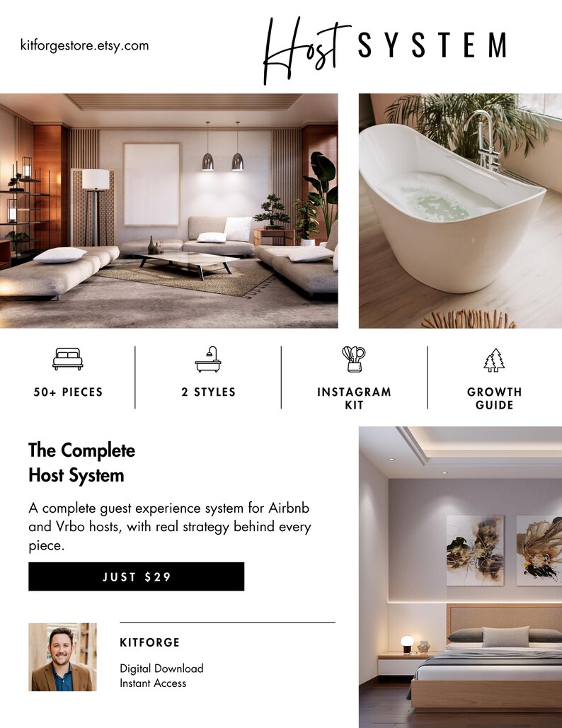 K&ouml;nnte beinhalten: Ein digitales Gastgeber-System-Kit f&uuml;r Airbnb- und Vrbo-Gastgeber mit &uuml;ber 50 Teilen, zwei Stilen, einem Instagram-Kit und einem Wachstumsleitfaden. Das Layout enth&auml;lt Innenaufnahmen eines Wohnzimmers und einer Badewanne.