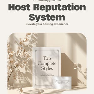 K&ouml;nnte beinhalten: Ein wei&szlig;es Buch mit dem Titel Two Complete Styles Ivory & Noir Collecollections und eine kleine wei&szlig;e rechteckige Karte mit gedrucktem Text. Der Text oben lautet Introducing your new Host Reputation System Elevate your hosting experience.