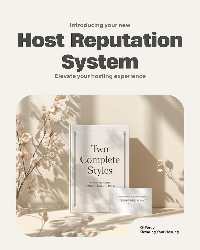 K&ouml;nnte beinhalten: Ein wei&szlig;es Buch mit dem Titel Two Complete Styles Ivory & Noir Collecollections und eine kleine wei&szlig;e rechteckige Karte mit gedrucktem Text. Der Text oben lautet Introducing your new Host Reputation System Elevate your hosting experience.