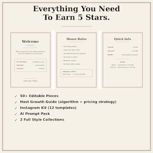 K&ouml;nnte beinhalten: Ein digitales Vorlagenset mit dem Titel Everything You Need To Earn 5 Stars, bestehend aus drei Informationskarten mit den Bezeichnungen Welcome, House Rules und Quick Info sowie einer Liste enthaltener Elemente wie 50+ Editable Pieces, ein Host Growth Guide und ein Instagram Kit.
