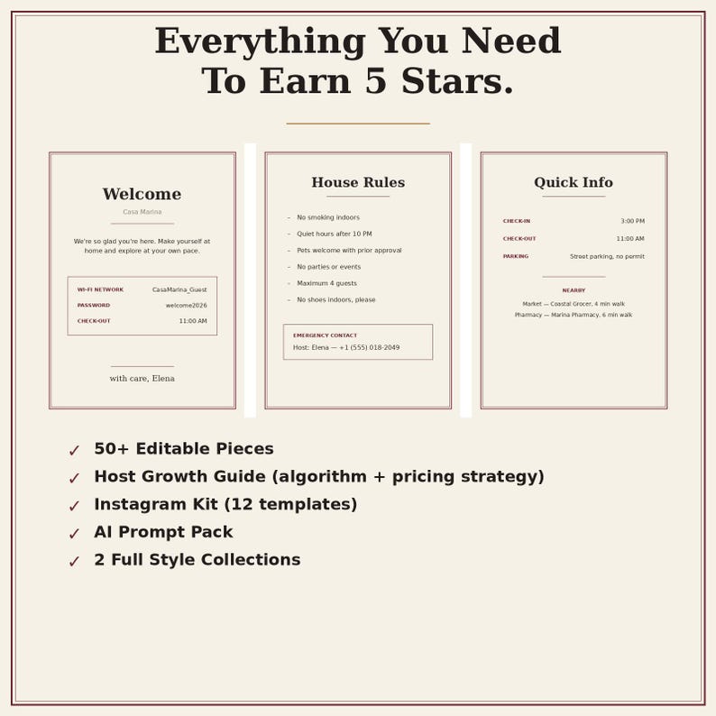 K&ouml;nnte beinhalten: Ein digitales Vorlagenset mit dem Titel Everything You Need To Earn 5 Stars, bestehend aus drei Informationskarten mit den Bezeichnungen Welcome, House Rules und Quick Info sowie einer Liste enthaltener Elemente wie 50+ Editable Pieces, ein Host Growth Guide und ein Instagram Kit.