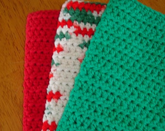 Dishcloths Cotton Crochet Washcloths Pot Holder Hot Pad Pack of 3 in Red, Green and Christmas Varigated