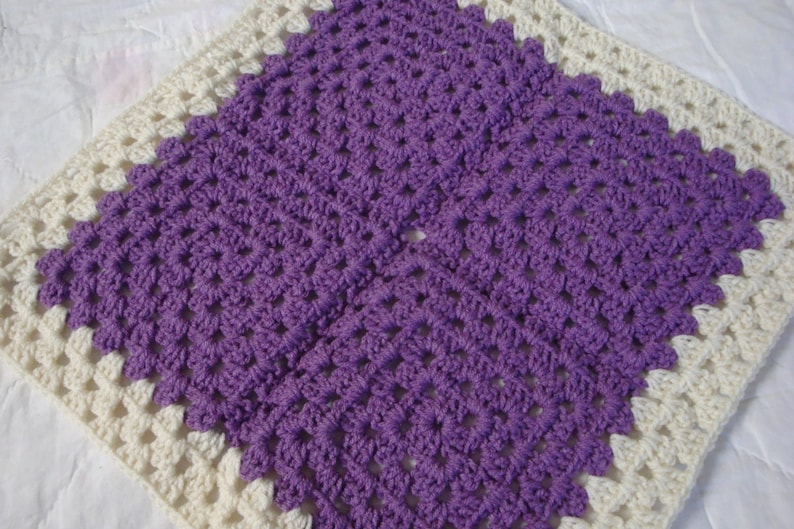 purple and ecru Crocheted afghan for dolls granny square