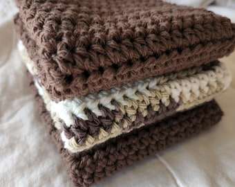 Dishcloths Cotton Crochet Washcloths Pot Holder Hot Pad Pack of 3 in brown and varigated brown