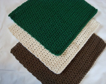 Dishcloths Cotton Crochet Washcloths Pot Holder Hot Pad Pack of 3 in Ecru Forest Green and Dark Taupe