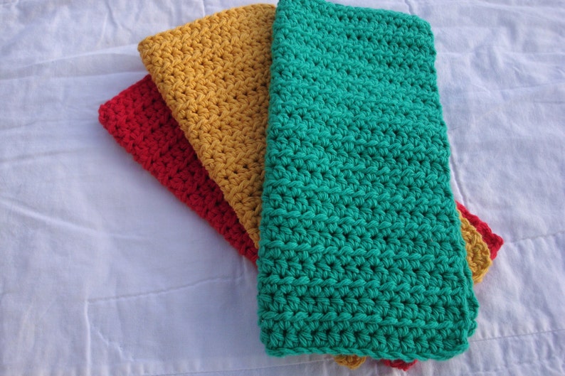 Dishcloths Cotton Crochet Washcloths Pot Holder Hot Pad Pack of 3 Red Green and Gold image 2