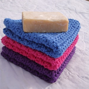 Dishcloths Cotton Crochet Washcloths Pot Holder Hot Pad Pack of 3 Blue Hot Pink and Purple