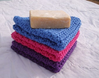 Dishcloths Cotton Crochet Washcloths Pot Holder Hot Pad Pack of 3 Blue Hot Pink and Purple