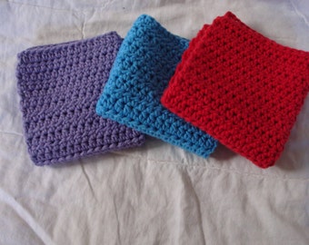 Dishcloths Cotton Crochet Washcloths Pot Holder Hot Pad Pack of 3 in red blue and purple