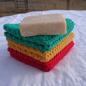 Dishcloths Cotton Crochet Washcloths Pot Holder Hot Pad Pack of 3 Red Green and Gold image 1