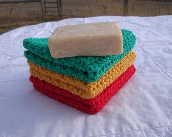 Dishcloths Cotton Crochet Washcloths Pot Holder Hot Pad Pack of 3 Red Green and Gold