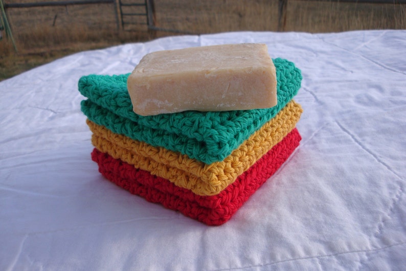 Dishcloths Cotton Crochet Washcloths Pot Holder Hot Pad Pack of 3 Red Green and Gold image 1