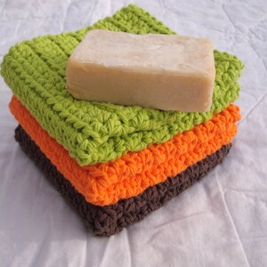 Dishcloths Cotton Crochet Washcloths Pot Holder Hot Pad Pack of 3 Lime Green Orange and Brown