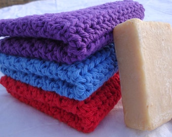 Dishcloths Cotton Crochet Washcloths Pot Holder Hot Pad Pack of 3 in purple blue and red