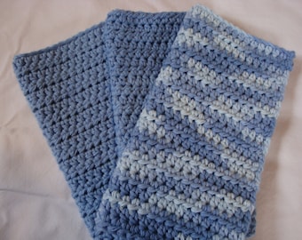 Dishcloths Cotton Crochet Washcloths Pot Holder Hot Pad Pack of 3 in light blue and variegated blue and white