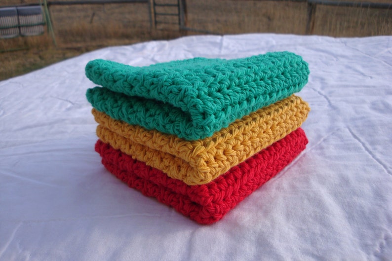 Dishcloths Cotton Crochet Washcloths Pot Holder Hot Pad Pack of 3 Red Green and Gold image 3