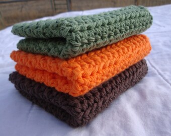 Dishcloths Cotton Crochet Washcloths Pot Holder Hot Pad Pack of 3 in Orange Brown and Sage Green