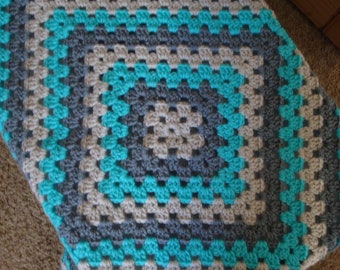 Crochet Granny Square afghan lap baby wheelchair grey and aqua and beige