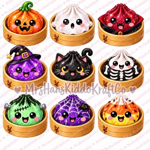May include: A collection of nine illustrated dumplings in bamboo steamers, each featuring a different Halloween-themed character design including a pumpkin, ghost, vampire, witch, black cat, skeleton, Frankenstein monster, spider web, and candy corn.