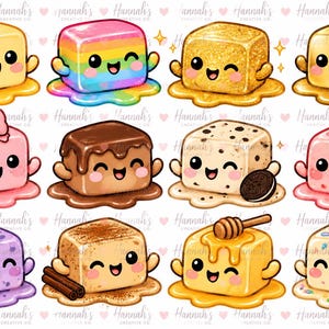 Peut inclure: Une collection de douze cubes de beurre carrés de style dessin animé avec des visages souriants et de petits bras. Chaque cube présente des détails uniques, notamment des couleurs arc-en-ciel, un nœud rose, du chocolat, un biscuit, une fraise, des myrtilles, de la cannelle, du miel et des vermicelles.