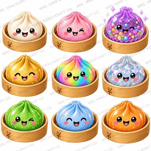 May include: A collection of nine illustrated dumplings, each with a unique color and facial expression, resting in individual wooden bamboo steamer baskets. The dumplings feature glittery, iridescent, or patterned textures, including rainbow, diamond, and star designs.
