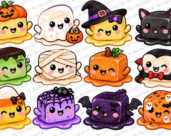 Może przedstawiać: Kolekcja dwunastu kwadratowych, topniejących ilustracji postaci z motywami Halloween, w tym dynia, duch, czarownica, czarny kot, potwór Frankensteina, mumia, wampir, cukierek kukurydziany, pajęczyna, nietoperz oraz kostki w duchy.