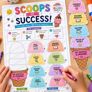 May include: A printable activity sheet titled SCOOPS OF SUCCESS featuring an ice cream cone graphic with blank scoops for writing goals. The page includes instructions, colorful illustrations of ice cream scoops with text like MATH CHAMP and KINDNESS COUNTS, and a partially colored example tower on the right side.