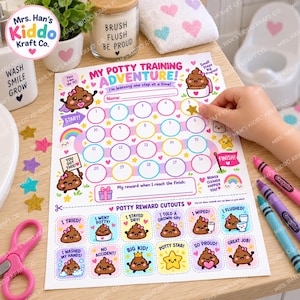 May include: A white paper potty training reward chart titled My Potty Training Adventure with a colorful path of twenty numbered circles, cartoon poop characters, rainbows, and stars. The bottom section features perforated reward cutouts.