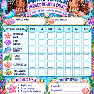 May include: A mermaid behavior chart featuring two cartoon mermaids, underwater graphics, and the text Make Waves! Mermaid Behavior Chart. The grid includes sections for Mermaid Name, Goal Reward, My Kind Choices, and a weekly tracking table.
