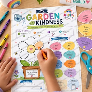 May include: A My Garden Kindness activity sheet featuring a flower in a pot, instructions, and cut-out petals with text like I helped someone. The sheet includes a colouring section, a goals area, and a blue watering can illustration at the top.