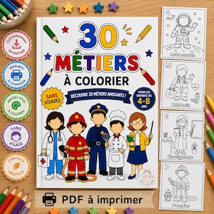 Peut inclure: Un livre de coloriage intitulé 30 MÉTIERS À COLORIER illustrant diverses professions comme médecin, pompier, policier, chef et enseignant. La couverture présente du texte en français, des icônes de crayons colorés et quatre pages d'exemples en noir et blanc.