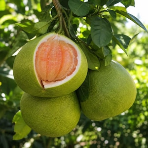 May include: Three large pomelo fruits hanging from a tree branch with green leaves. One fruit is partially peeled, revealing its thick green rind and segmented, light pinkish-orange citrus pulp inside. The other two fruits remain intact.