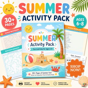 Könnte beinhalten: Ein Sommer-Aktivitätspaket für 6- bis 8-Jährige mit über 30 Seiten. Das Cover zeigt eine Sandburg, einen Strandball, eine Krabbe und eine Palme. Enthalten sind Wortsuche, Strand-Labyrinth, Bucket-List und Ausmalbilder mit dem Text SHOP NOW.