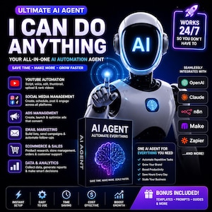 Peut inclure: Un robot blanc et noir avec une icône de cerveau bleu brillant sur la poitrine, placé derrière une boîte étiquetée AI AGENT AUTOMATE EVERYTHING. Le graphique présente du texte détaillant les services d'automatisation et les intégrations.