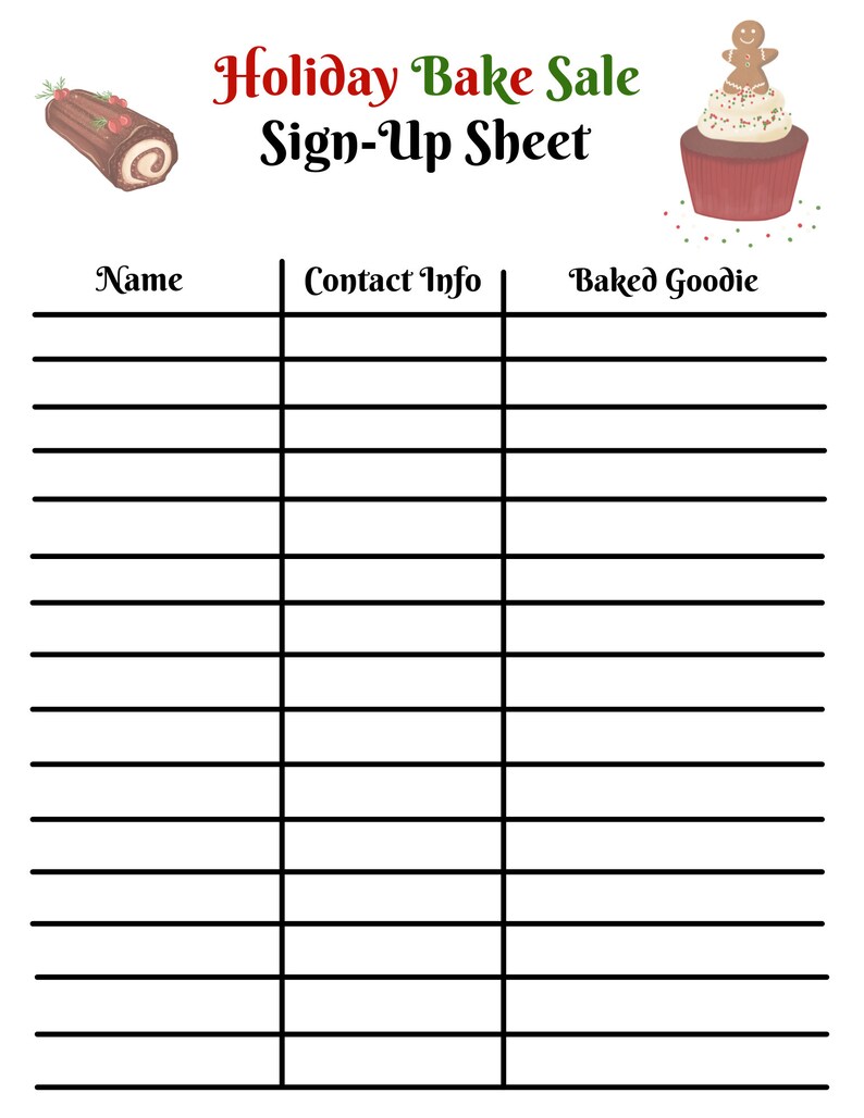 Holiday Bake Sale Sign Up Sheet Printable Instant Digital Download, Christmas Bake Sale Sign Up Sheet, Bake Sale Fundraiser, Food Sign Up image 2