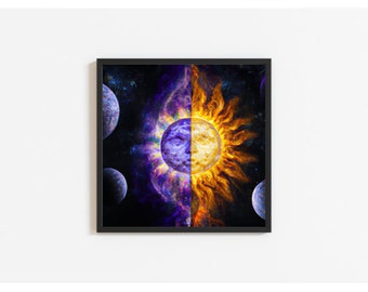 Moon and Sun Art Printable Instant Digital Download, Cosmic AI Art Prints, Solar Eclipse Art, Cosmic Art, Surreal Art Print, Above Bed Art