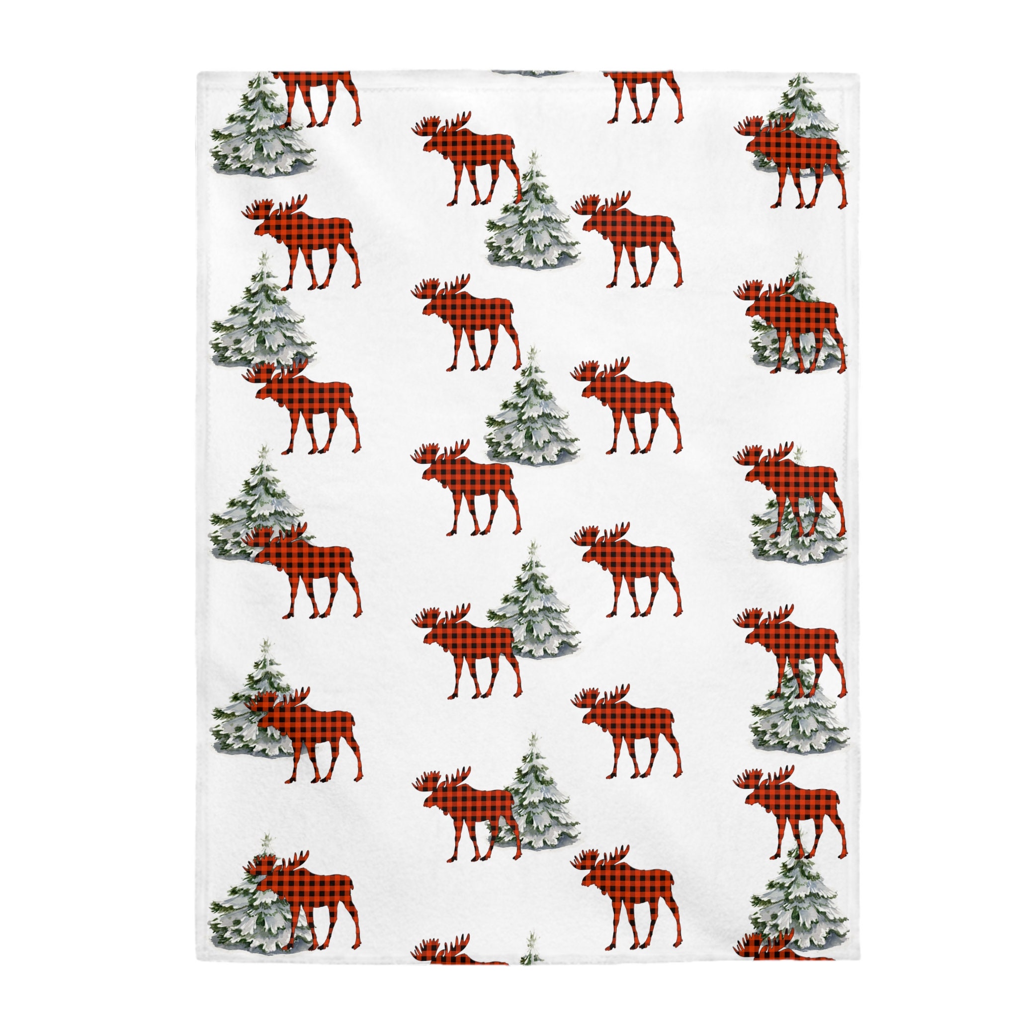 Buffalo Plaid Moose and Pine Trees Velveteen Plush Blanket, Christmas ...