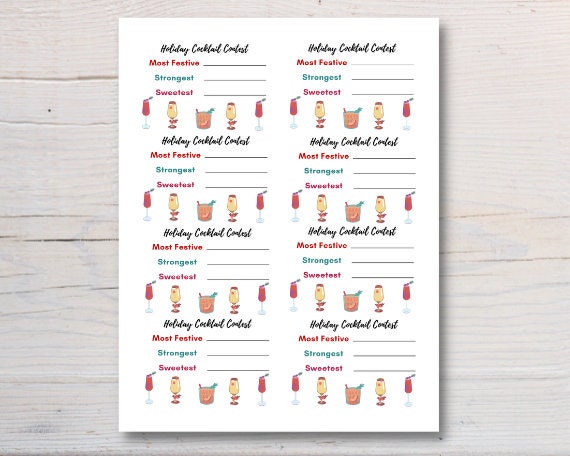 Holiday Cocktail Contest Voting Ballot Printable Instant Digital Download, Cocktail Scorecard, Cocktail Score Sheet, Cocktail Tasting Il_570xn