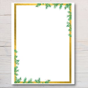 Papelería navideña con guirnaldas y borde dorado, descarga digital instantánea, papelería de pino y dorado, papel de carta navideña