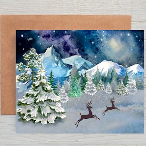 Starry Sky Winter Woodland Christmas Card Printable Instant Digital Download, Reindeer Card, Holiday Card, Blank Holiday Note Cards