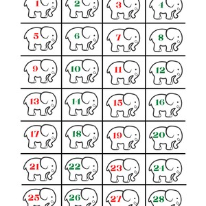 May include: A grid of 28 cartoon elephants, each numbered from 1 to 28. The elephants are outlined in black, with numbers in red or green. The numbers alternate colors, creating a pattern across the grid.